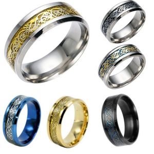 Edelstahl-Silber-Golddrache-Entwurfs-Fingerring chinesischer Drache-Ring-Band-Ringe für Frauen-Mann-Liebhaber-Ehering-Tropfen-Verschiffen 7 Farbe