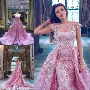 Eleganta spetsar Sheer Aftonklänningar med avtagbar kjol Floral Arabisk Dubai Formell Long Party Prom Dresses Pagant Gown Robe de Soiree