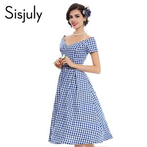 Платья партии Sisjuly старинное платье х годов стиль весна лето рокабилли женщины голубой плед элегантная женщина
