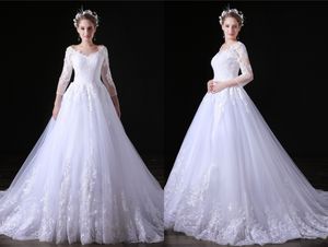 Large White Code Wedding Dresses V Neck Long Sleeves A Line Tulle Long Wedding Party Bride Dresses For Women Wedding Gowns DH4190