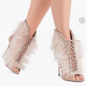 2018 Nowe Kobiety Cienkie Obcasy Letnie Buty Kostki Buty Peep Toe Botki Różowy Kolor Rhinestone Buty Panie Buty Party Lace Up Feather Botki