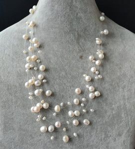 Echte Perlenkette, weiße Farbe Illusion echte Süßwasser Perlenkette, Multistrand Schmuck, 6 Reihen, Großhandel