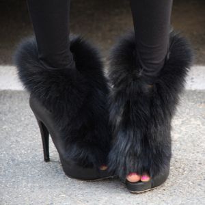 Sexy Ladies Peep toe Real Fox Fur Wrapped Women Party Ankle Boots Female Thin high heels Street Outfit Dress Short Booties Shoes