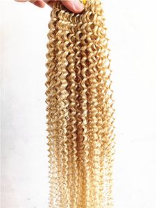 Brasilianska Human Virgin Kinky Curly Hair Extensions Remy Blonde 613 # Färg Hårlotter 2-3Bunderna för Full Head