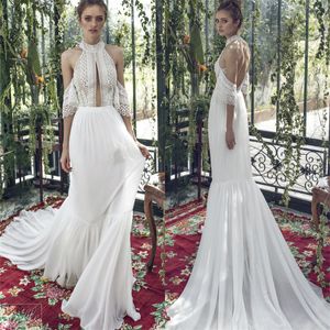 Vino Beach Julie A Line Dresses Bohemia Sexy Backless Lace Applique Halter Neck Bridal Gowns Boho Chiffon Wedding Dress pplique