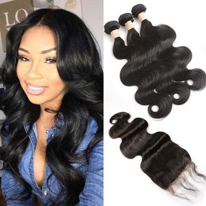 Indian Virgin Hair Mink Wholesale 3 Bunds med 5x5 spetsstängning kroppsvåg hårförlängningar naturlig färg