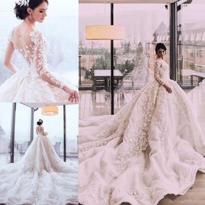 2019 Luxury Pearls Beaded Lace Ball Gown Wedding Dresses Arabia Princess Royal Cathedral Train Long Sleeves Bridal Gown