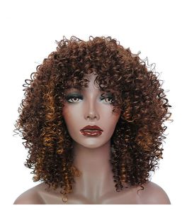 Ombre Short Curly Wigs for Black Women Brown Synthetic Afro Wig with Bangs Natural Full Heat Resistant Hair