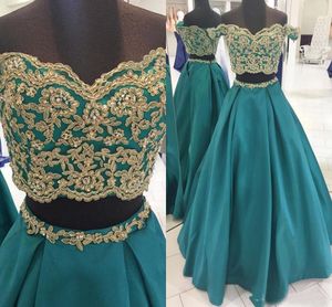 Fora do ombro ouro laço applique longo cetim vestido de baile duas peças mangas curtas até o chão espartilho volta noite formal pageant vestidos