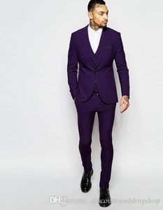 Popular Design Groom Tuxedos One Button Dark Purple Shawl Lapel Groomsmen Best Man Suit Wedding Mens Suits (Jacket+Pants+Vest+Tie) J432