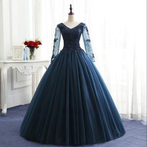 Real Image Petite V-neck Crystal Ball Gown Long Sleeves Floor-length Tulle Quinceanera Dresses Formal Long Tulle Prom Gowns