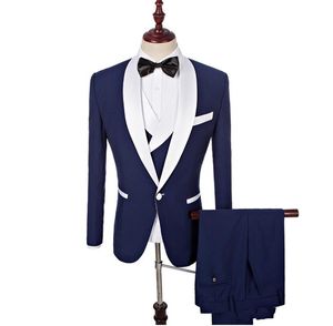 Customize Design Blue Men Wedding Tuxedos White Lapel One Button Groom Tuxedos Men Wedding/Dinner/Darty Dress(Jacket+Pants+Tie+Vest) 1850