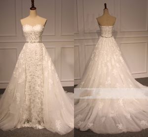 Odłączany pociąg Designer Wedding Suknie Ślubne Koronki Sweetheart Zobacz przez Bling Crystal Wstążki Gorset Powrót Tanie Sąd Pociąg Suknie Ślubne