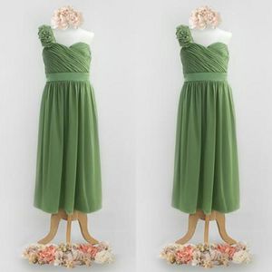 Cute Olive Green Flower Girls Dresses for Weddings One Shoulder Floral Strap Pleated Bodice A Line Full Length Junior Bridesmaid Dresses