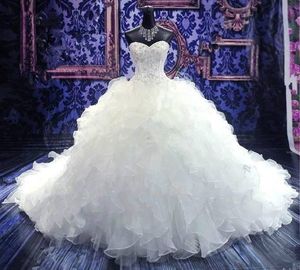 2018 Luxus Perlenstickerei Brautkleider Prinzessin Kleid Schatz Korsett Organza Rüschen Kathedrale Ballkleid Brautkleider Günstig