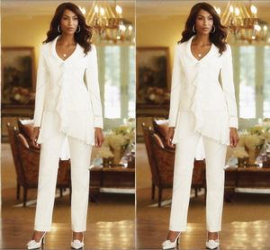 İki parça beyaz fildişi 2018 anne pantolon takım elbise özel yapım fırfırlar Şifon Gelin elbiselerinin annesi uzun kollu düğün konuğu d213h