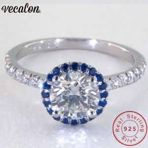 Vecalon handgjorda 100% Soild 925 Sterling Silver Ring Blå Birthstone 5A Zircon CZ Engagement Bröllop Band Ringar för Kvinnor Män