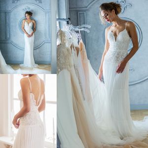 Summer Beach Boho Wedding Dress Lana faller nyaste spaghetti spets appliced ​​rygglös chiffong brudklänningar