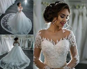 Amazing Long Sleeves Ball Gown Wedding Dresses Sheer Neck Applique Lace Chapel Train Tulle Beaded Wedding Bridal Dress Gowns Cheap