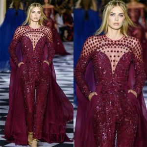 Zuhair Murad 2019 Jumpsuits Prom Klänningar Långärmade Pärlstav Pärlor Burgundy Kvällar Saudiarabisk Formell Party Carpet Dress