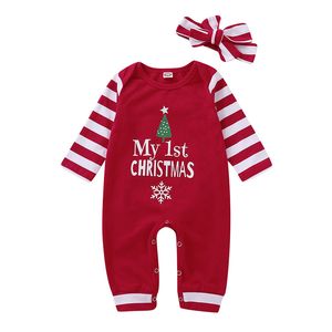 Xmas Baby Girls Boys Striped Romper Spädbarn Skriv ut Jumpsuits med huvudband Höst jul Boutique Barn Klättring Kläder C5452