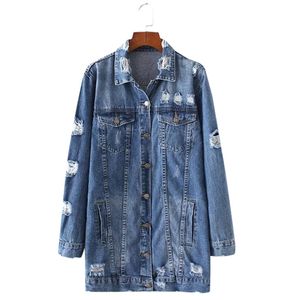 Kvinnors Jackor 2021 Denim Kvinnor Hole Boyfriend Style Långärmad Vintage Jean Jacket Loose Spring Autumn Coat