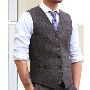 Modest Bristish Gray Wedding Groom Vests Wool Herringbone Tweed Outfits Groomsmen Attire Mens Suit Vest Waistcoat Plus Size Business Party