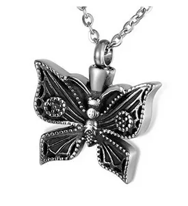 Custom stainless steel simple diamond butterfly urn necklace can open perfume bottle funeral cremation ash jewelry pendant.