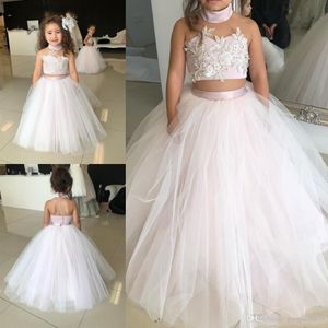 White Flower Girls Dresses for Weddings Scoop Backless With Appliques and BowTulle Ball Gown Children Communion Dresses