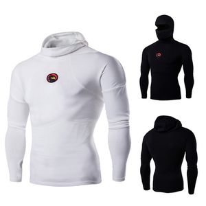 Nowe Mężczyźni Stretch Bawełna Bluza Z Kapturem Fitness Osobowość Zamaskowana Ninja Black White Sports T-shirt Casual Mężczyzna Długoszemiony Wysokiej szyi M-3XL Sprzedaż