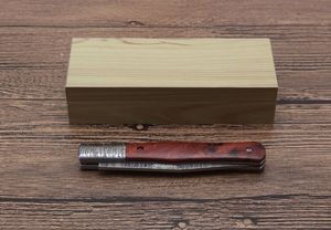 1 st Liten Damaskus Folding Kniv VG10 Damaskuss Stålblad Rosewood Handtag Inget lås med trälåda