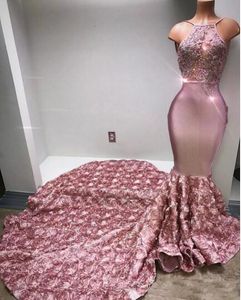 Каскадные оборманы розовые розовые выпускные платья русалка Halter сексуальные аппликации бисером развертывающие поезд спичечные платья русалка вечернее платье