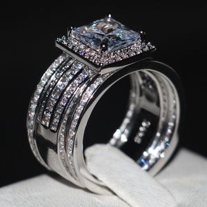 Luksusowe Mężczyźni Kobiety Pierścień Princess Cut 3CT 5A Cyrkon CZ 925 Srebro Silver Para Zaręczyny Zestaw Pierścieni