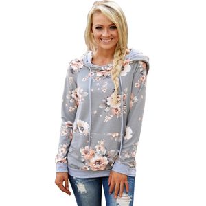 Tryckt blommiga hoodies kvinnor 2017 höst vinter ny mode casual grå hooded tröja kvinnliga långärmad pullovers l18100704