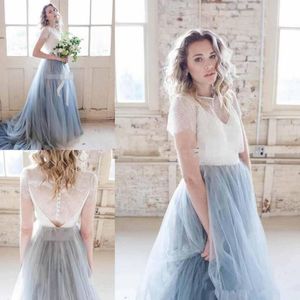 Boho New Beach Dresses Short Sleeves Chapel Train Lace Top Bohomian Country Cheap Bridal Wedding Gown mian