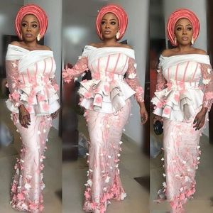 Aso ebi prom klänningar 3d applikationer rena långa ärmar kväll klänningar peplum mantel formell fest klänning golv längd sydafrikanska kvinnor klänning