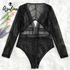 20187 AZULINA Sexy Cut Out Plunge Sheer Long Sleeve Bodysuit See-Thru Lace Women Rompers Summer Fall Solid Jumpsuits Ladies Overalls