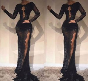 Black Illusion Lace Mermaid Evening Dresses Appliqued Long Sleeves High Split Prom Dress Formal Evening Gowns Sexy Special Occasion Dress