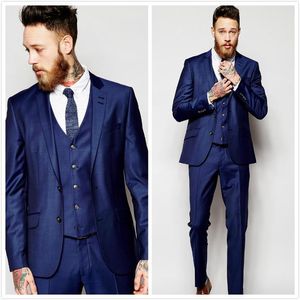 Blå Tre Piece Groom Tuxedos Notch Lapel Side Vent Man Bröllop Suit Stilig Män Business Dinner Prom Blazer (Jacka + Byxor + Tie + Vest) 32