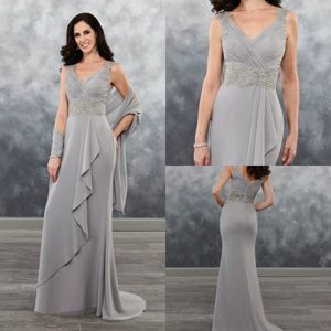 Grey Mother Of The Bride Dresses With Wrap Chiffon V Neck Beaded Appliques Lace Mother's Gowns Elegant Wedding Guest Dress For Mom