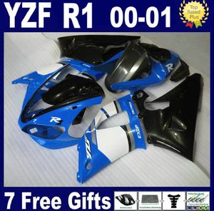 Hot Sale Fairing Kit för Yamaha YZF R1 2000 2001 Svart Vit Blå Fairings Set YZFR1 00 01 CV37