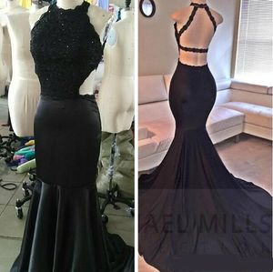 Instock Black Halter Elastic Satin Mermaid Long Prom Klänningar Lace Beaded Backless Court Train Evening Party Dresses LD5520