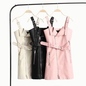 Nova moda feminina design punk alça espaguete couro PU cor sólida cinto com zíper patchwork lápis vestido suspensório SMLXL