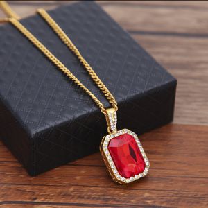 Mens Bling Faux Lab Mini Ruby Pendant Necklace 24" Rope Cuban Chain Gold Plated Iced Out Sapphire Rock Rap Hip Hop Jewelry Gift