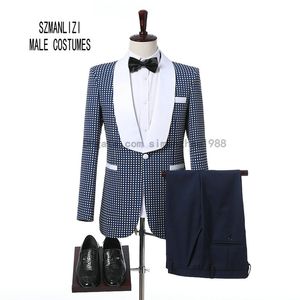 Custom Made 2018 Design Clássico Slim Fit Azul Branco Dots Xaile Lapela Men Jantar Partido Prom Ternos Do Noivo Smoking Padrinhos de Casamento Ternos