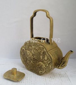 Antiguidades asiáticas mão-carved bronze Flagon Metal artesanato, decoração de casa flor pássaros Tea Pot