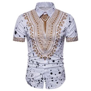 アフリカのプリントホワイトブラックシャツメンズニュースリムフィット半袖カジュアルメンズドレスシャツM-3XL
