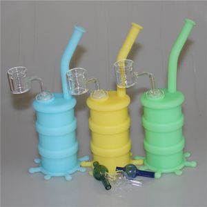 Glow in the dark silicone burrel oil rig silicon water pipe hookah glass bong with double tube quartz nail and glass carp cap