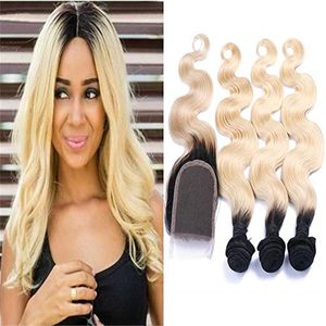 Brazilian Virgin 1B 613 Blonde Body Wave Human Hair Bundles With Closure Unprocessed Wet Wavy Human Hair Bundles With Closure Hair Extension