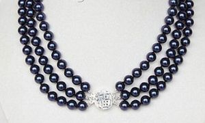 3OW 8mm Runda Navy Blue Sea Shell Pearls Halsband 925 Silverlås